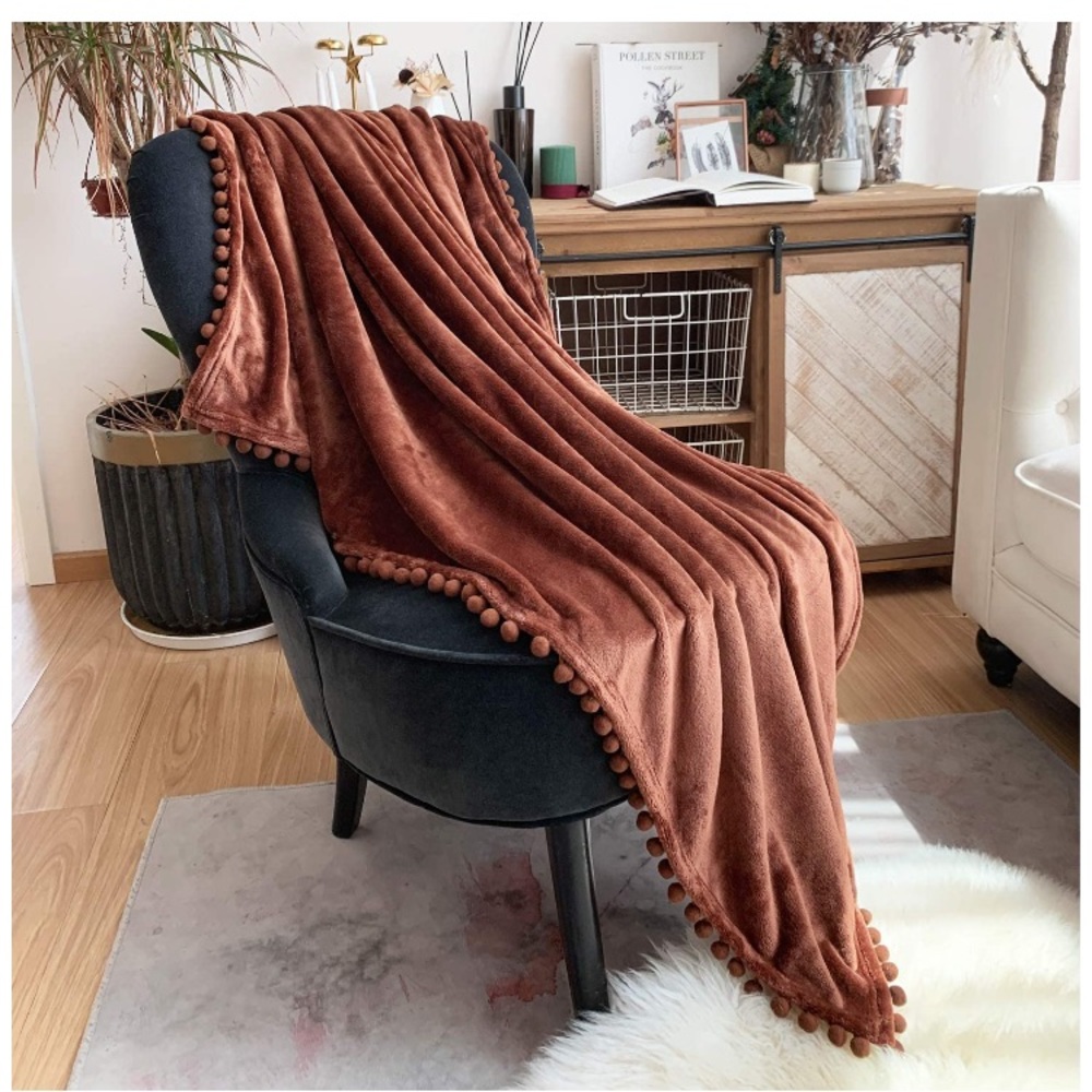 Navy Blue Pompom Fringe Chic Cozy Soft Throw Blanket/Cover - Picture 8 of 16